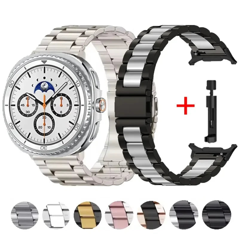 Steel watch bands with adjustment tool and color previews for Samsung Galaxy Watch8, Watch8 Classic and Watch9
