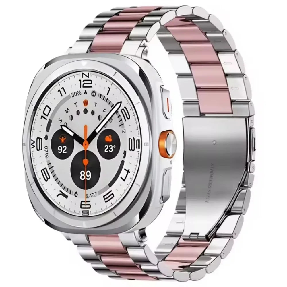 Three-Row Steel Band with Color Center in Silver / Rose Pink Center for Samsung Galaxy Watch8, Watch8 Classic and Watch9