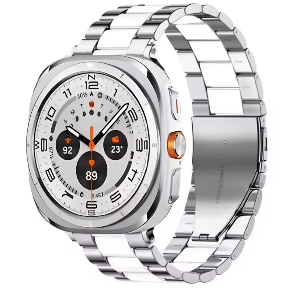 Three-Row Steel Band with Color Center in Silver / White Center for Samsung Galaxy Watch8, Watch8 Classic and Watch9