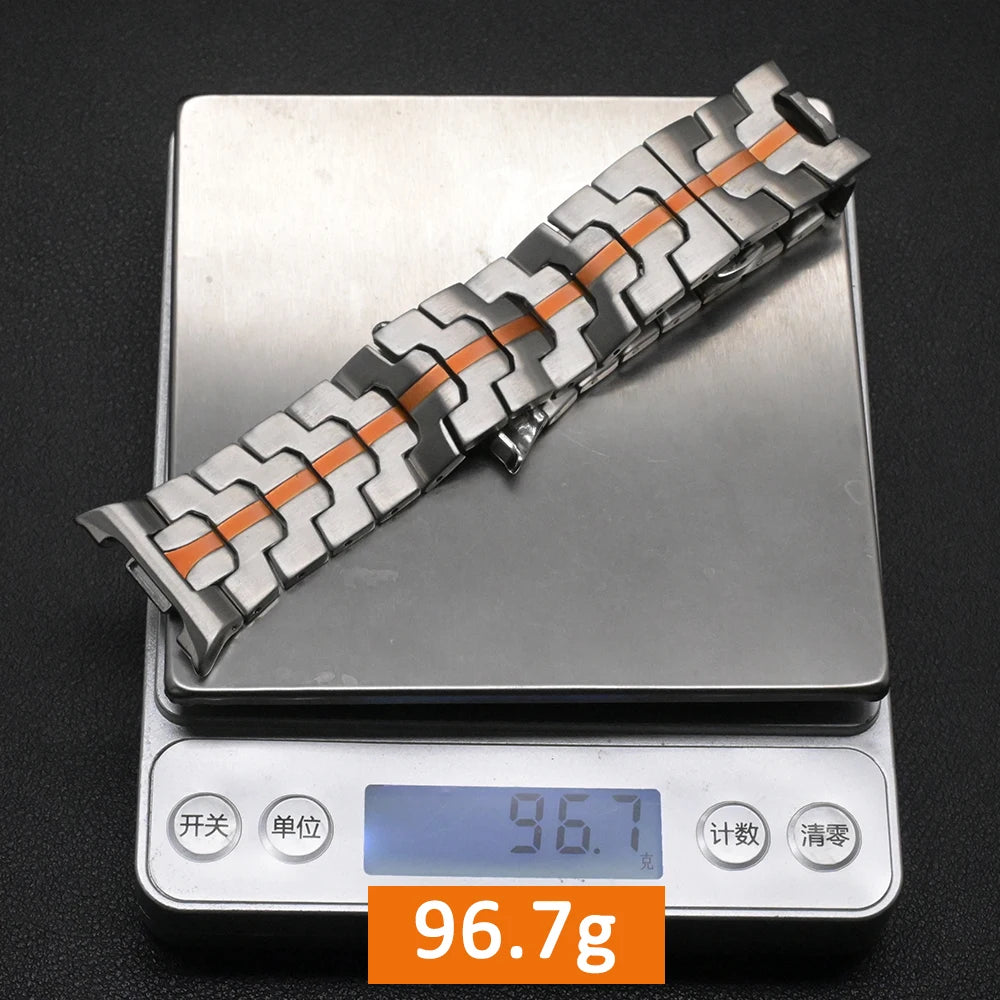 Steel link band on a scale for Samsung Galaxy Watch8, Watch8 Classic and Watch9