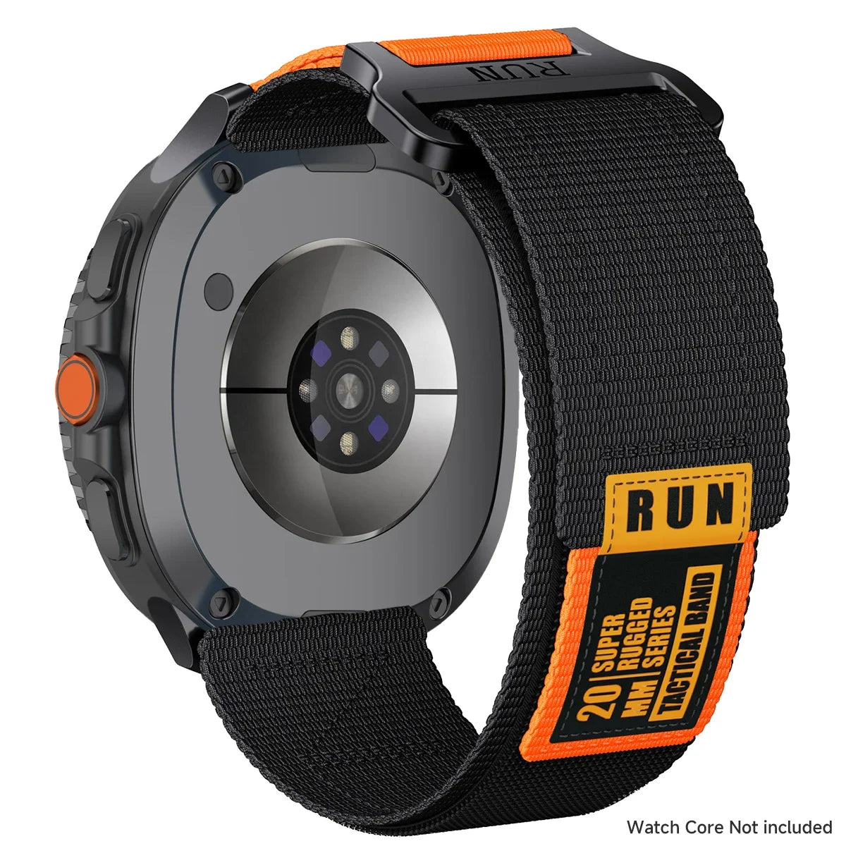 RUN Nylon Hook-and-Loop Band in Black / Orange Label for Samsung Galaxy Watch8, Watch8 Classic and Watch9