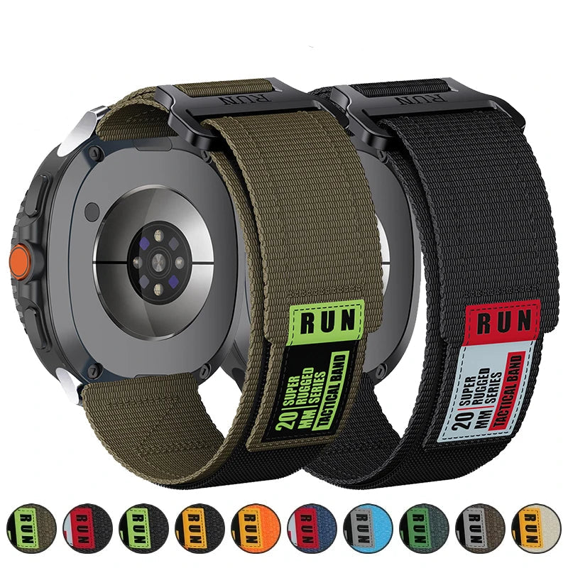Army-green and black RUN nylon watch bands with color previews for Samsung Galaxy Watch8, Watch8 Classic and Watch9