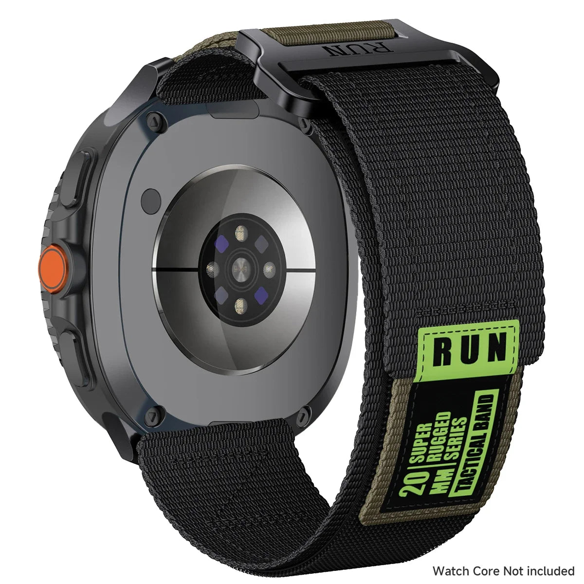 RUN Nylon Hook-and-Loop Band in Black / Green Label for Samsung Galaxy Watch8, Watch8 Classic and Watch9