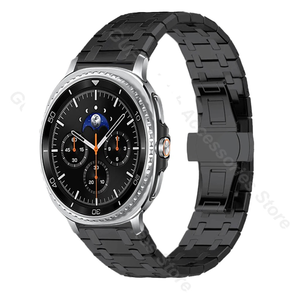Black H-link watch band with clasp visible for Samsung Galaxy Watch8, Watch8 Classic and Watch9