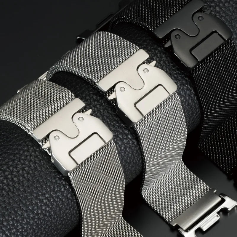 Three mesh band finishes and clasp details