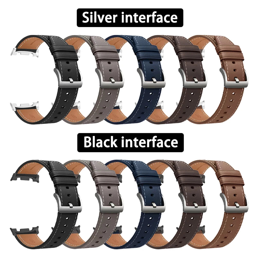 Leather band colors with silver and black connector options for Samsung Galaxy Watch8, Watch8 Classic and Watch9