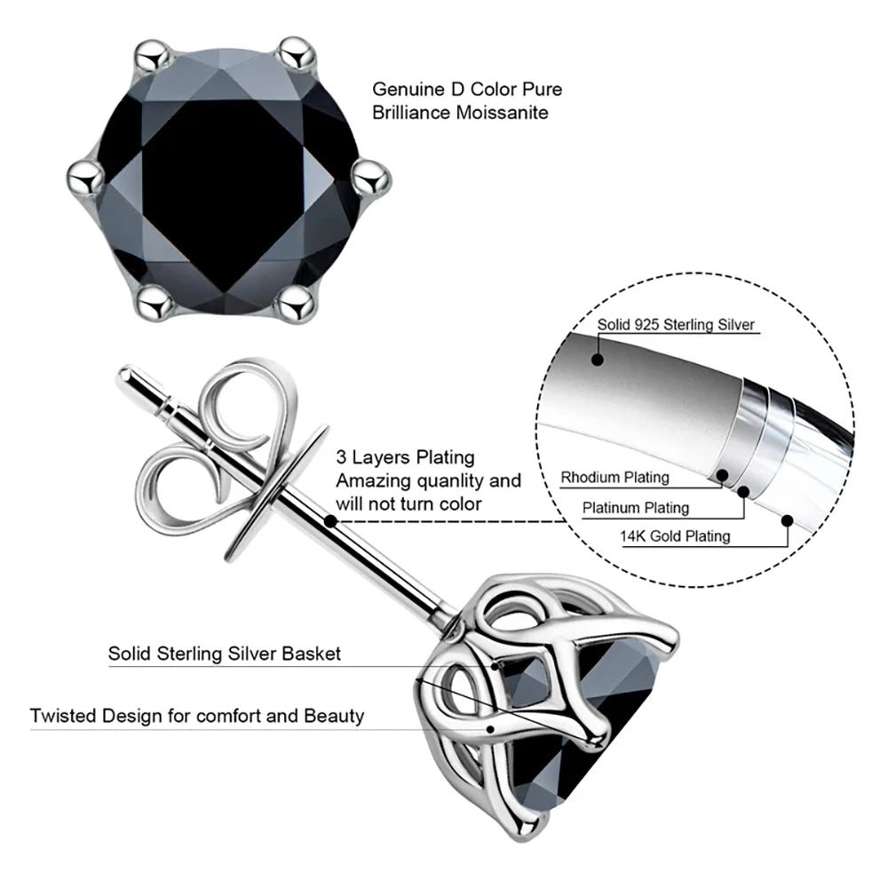Colored Round Moissanite Stud Earrings in Sterling Silver - black stone setting diagram