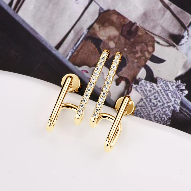 Geometric Double-Bar Moissanite Stud Earrings in Silver — Gold-tone geometric pair