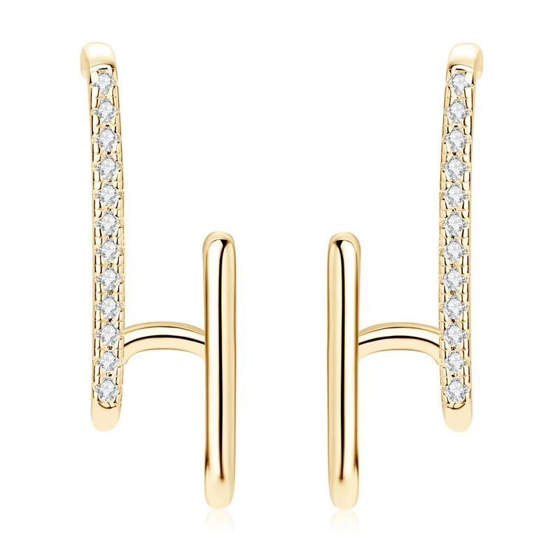 Geometric Double-Bar Moissanite Stud Earrings in Silver — Gold-tone bars from front