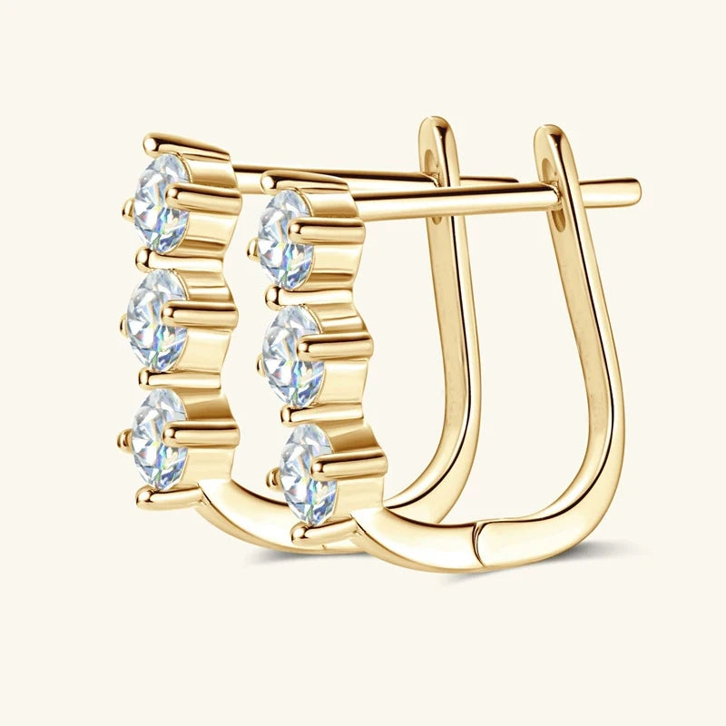 Three-Stone Moissanite Leverback Hoops in Sterling Silver — Gold-tone option