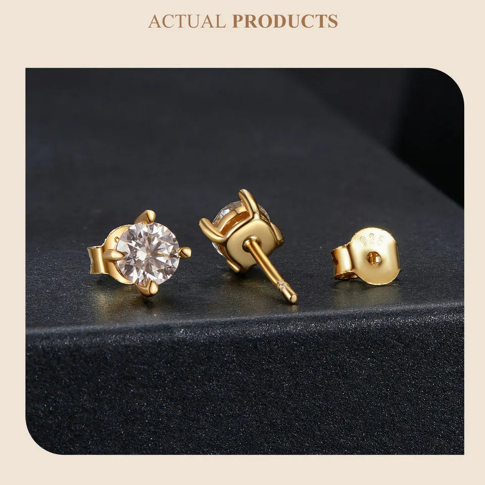 Round Moissanite Four-Prong Stud Earrings in Sterling Silver - Gold-tone basket and detached back