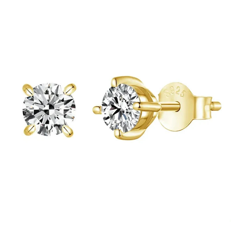 Round Moissanite Four-Prong Stud Earrings in Sterling Silver - Gold-tone four-prong front and back