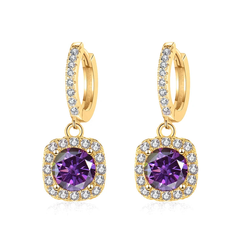 Colored Moissanite Cushion Halo Drop Hoop Earrings - Purplish red centers