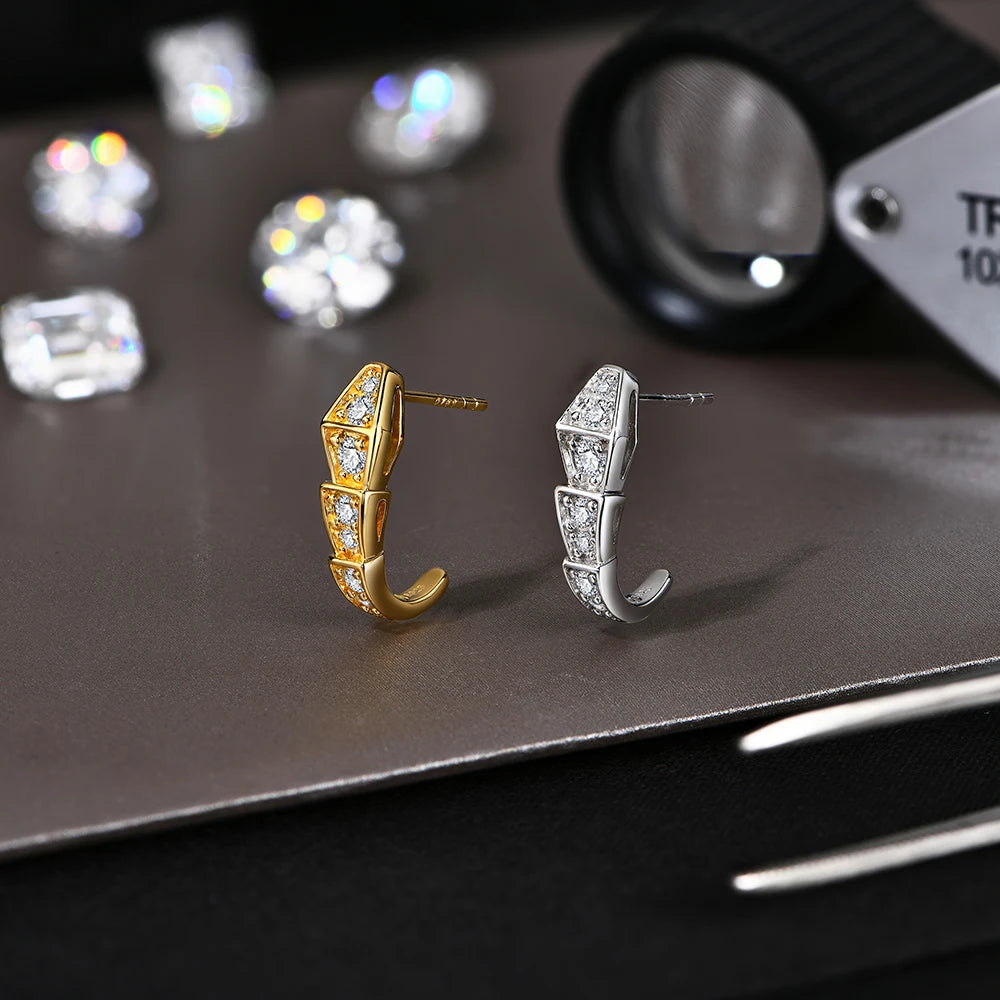 Moissanite Geometric J-Hoop Earrings in Sterling Silver — Silver-tone and gold-tone finish comparison — BandsCo Straps