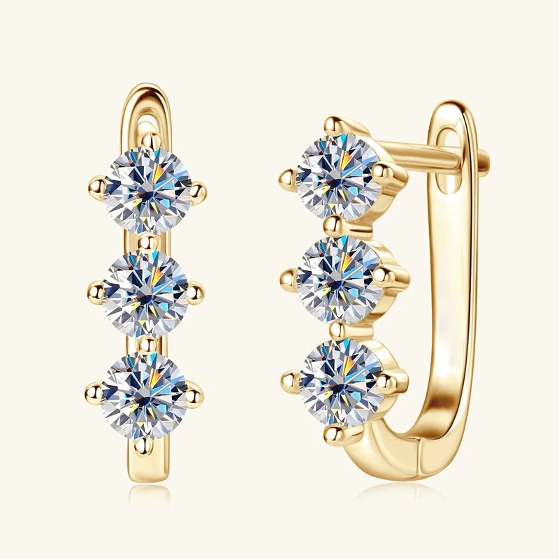 Three-Stone Moissanite Leverback Hoops in Sterling Silver — Gold-tone fronts