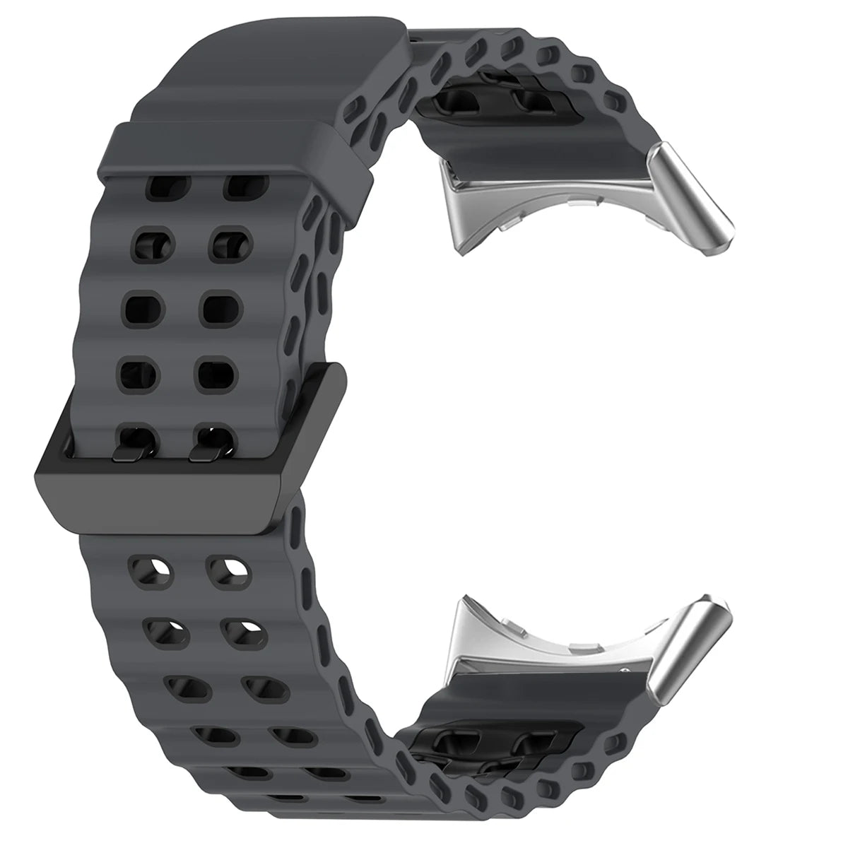 Double-Row Perforated Silicone Pixel Watch 45mm Band in Charcoal / Black - Silver