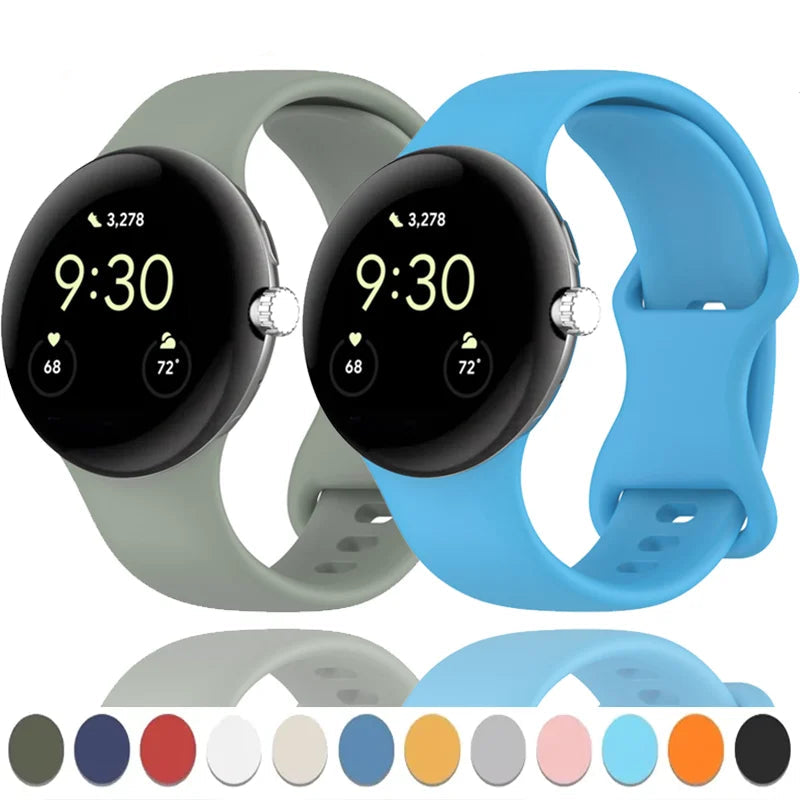 Sage green and blue silicone Pixel Watch bands with color swatches