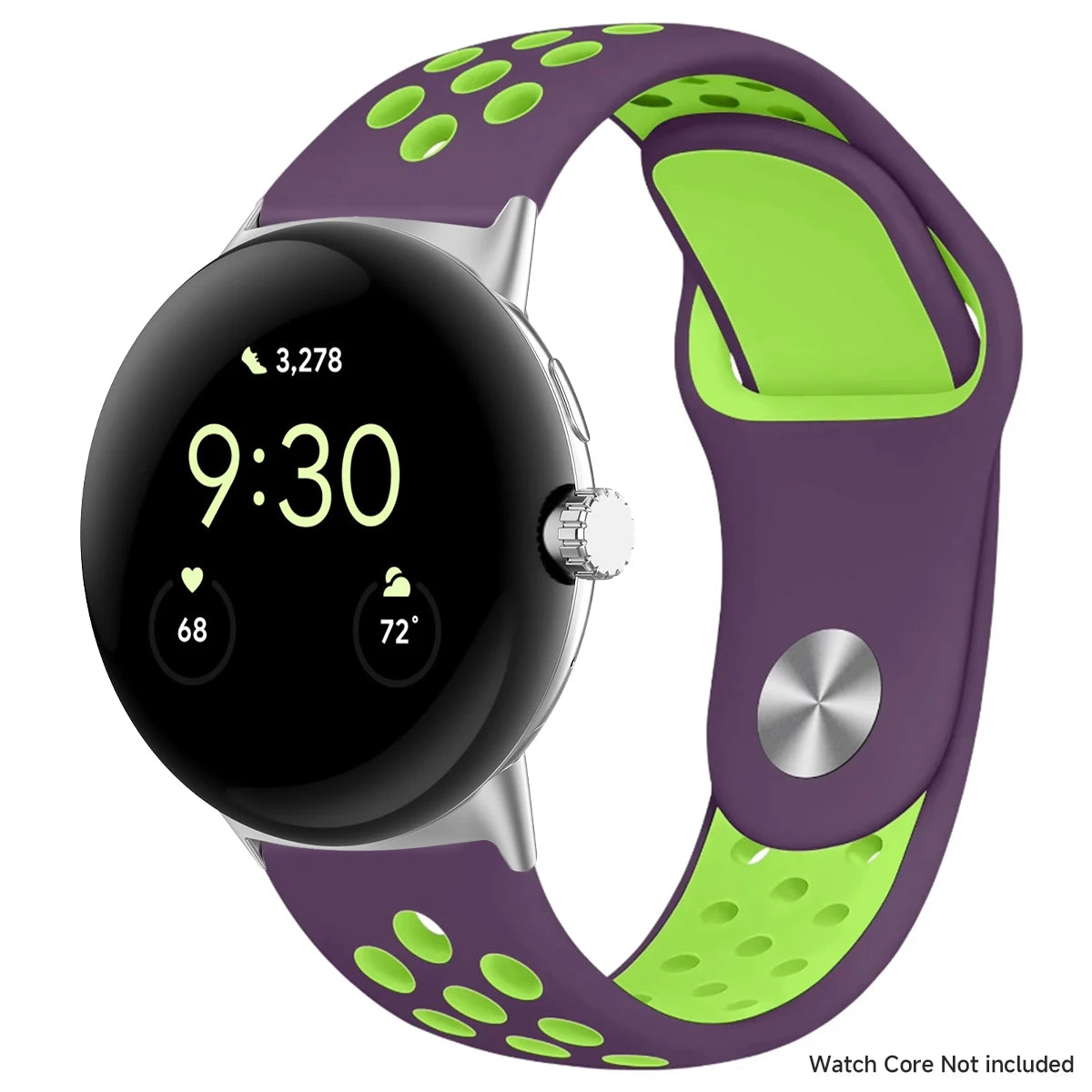 Round Stud Perforated Silicone Google Pixel Watch Band in Plum / Lime - Silver