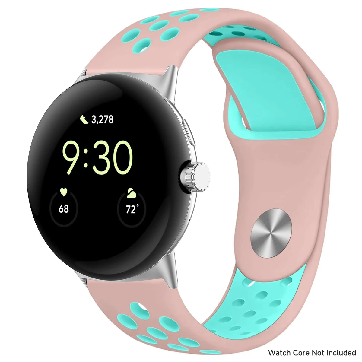 Round Stud Perforated Silicone Google Pixel Watch Band in Pink / Aqua - Silver