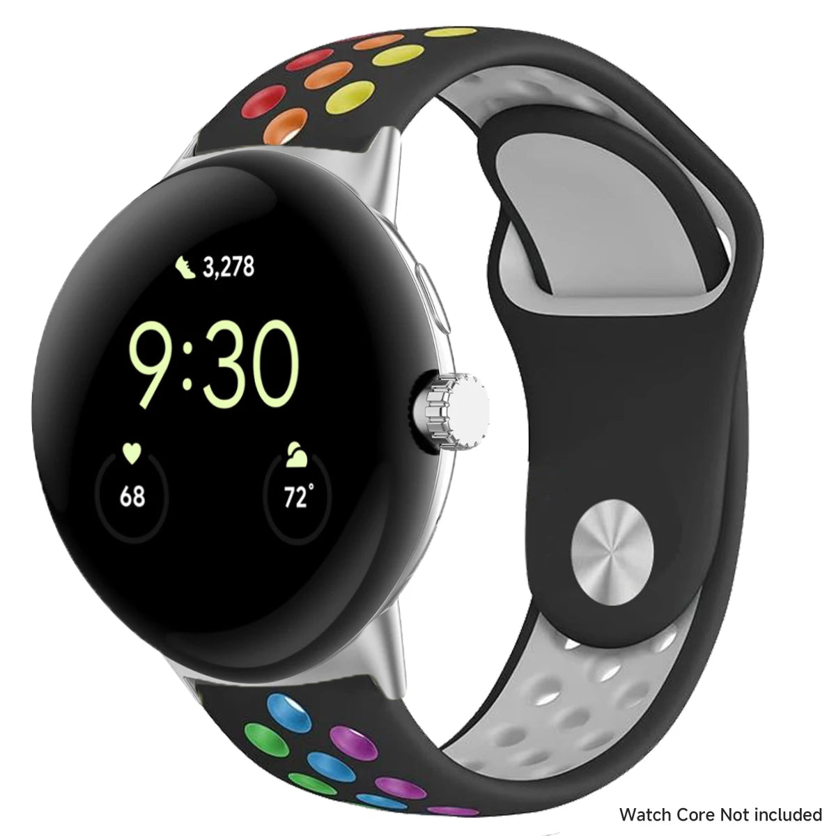 Round Stud Perforated Silicone Google Pixel Watch Band in Black / Rainbow - Silver