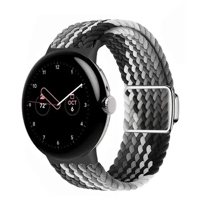 Magnetic Clasp Braided Nylon Google Pixel Watch Band in Black / Gray / White Stripe
