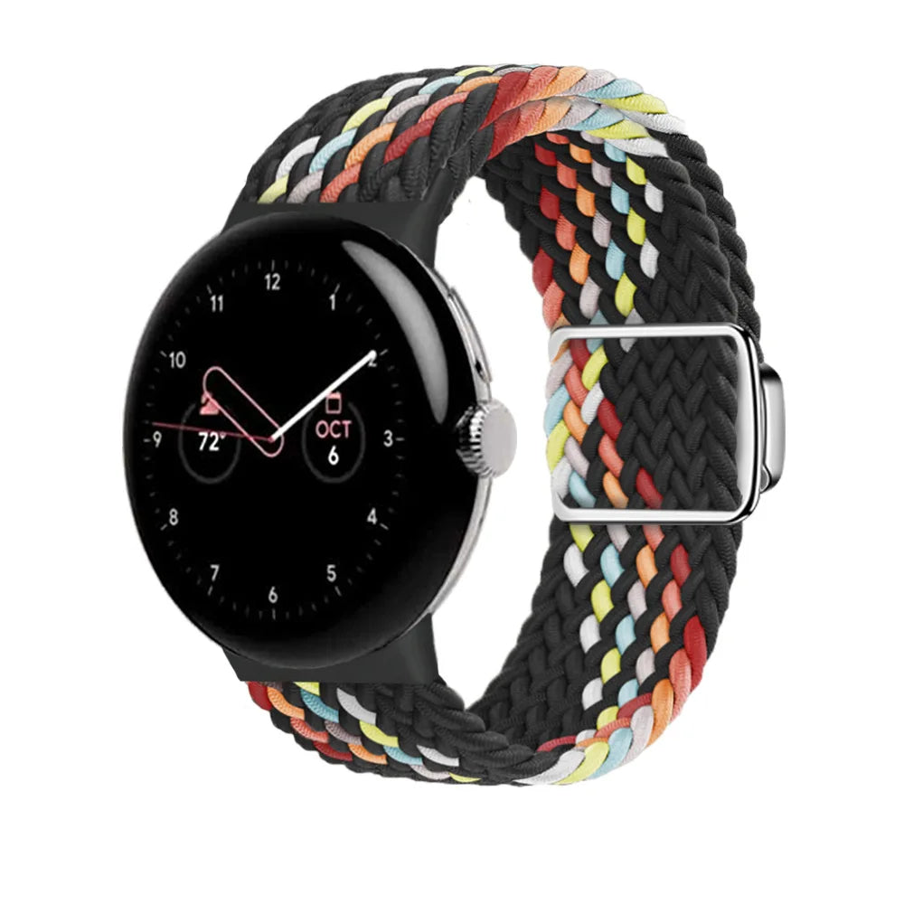 Magnetic Clasp Braided Nylon Google Pixel Watch Band in Black / Rainbow Stripe