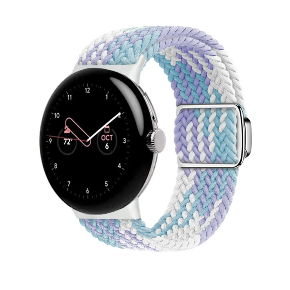 Magnetic Clasp Braided Nylon Google Pixel Watch Band in Lavender / White / Blue Stripe