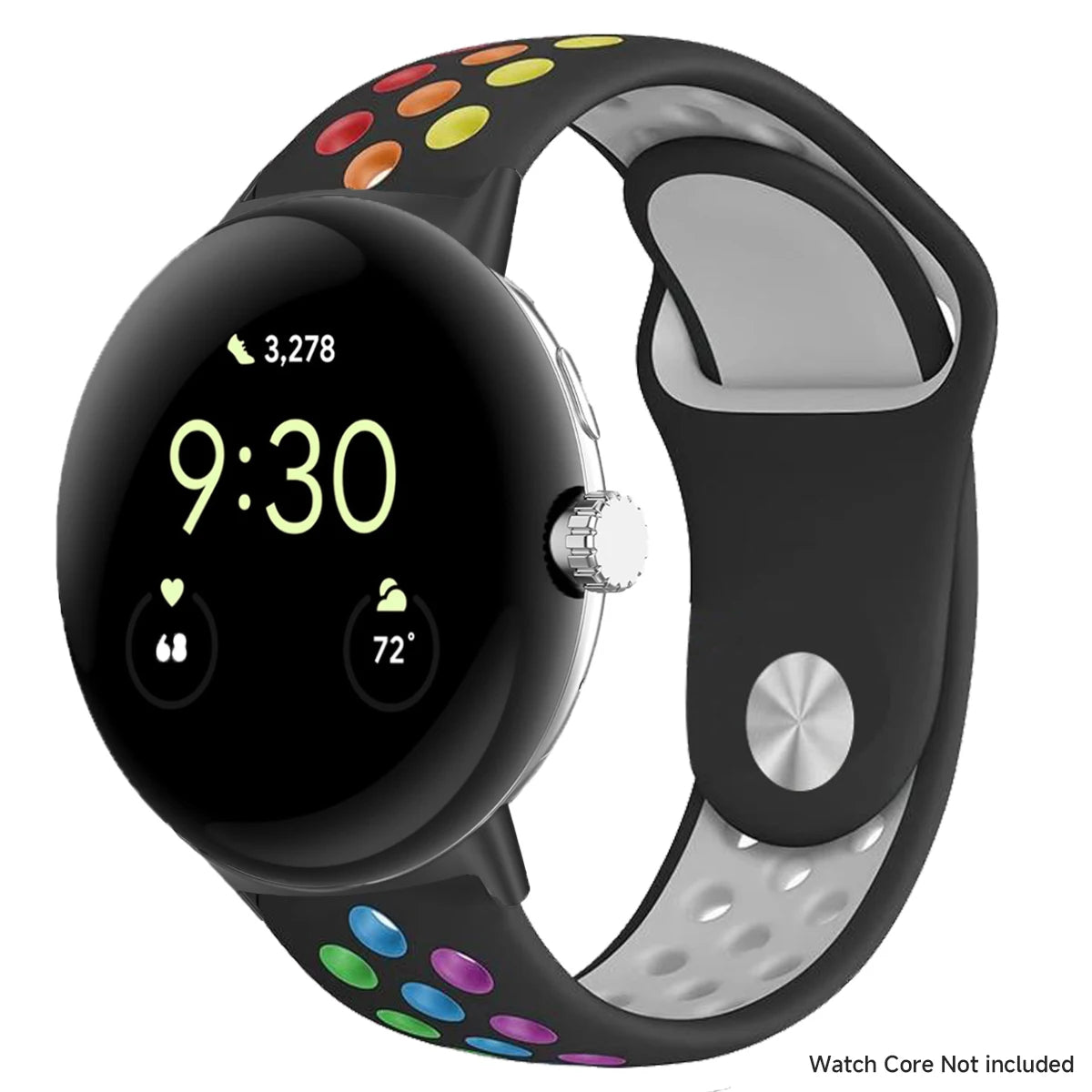Black perforated band with rainbow accents and silver connectors