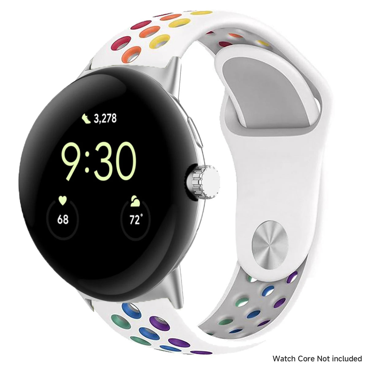White perforated band with rainbow accents and silver connectors