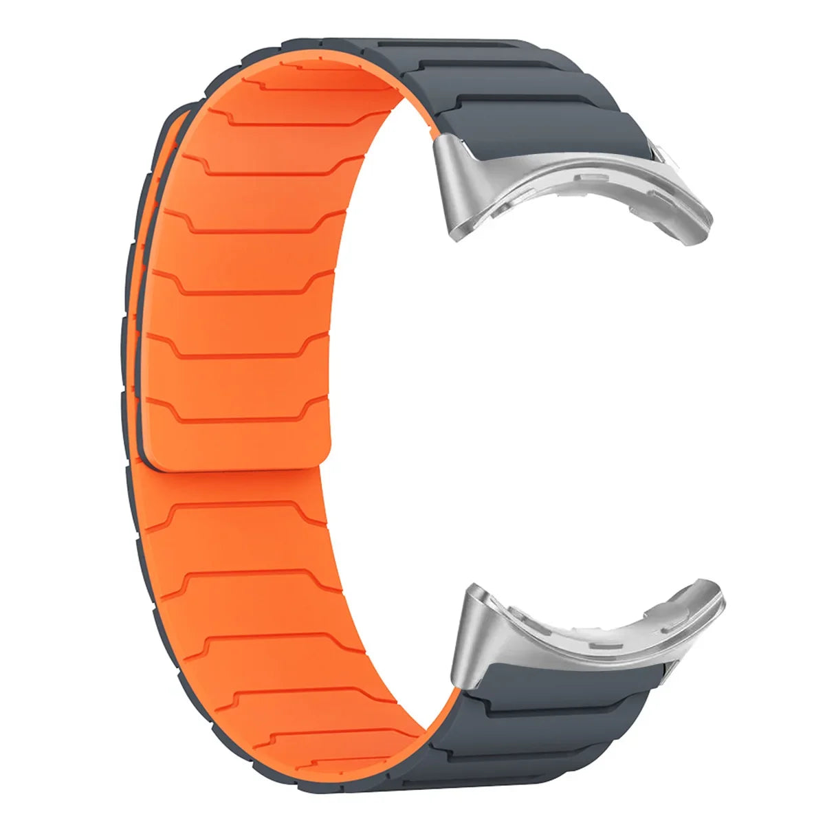 Segmented Magnetic Silicone Google Pixel Watch Band in Charcoal / Orange - Silver