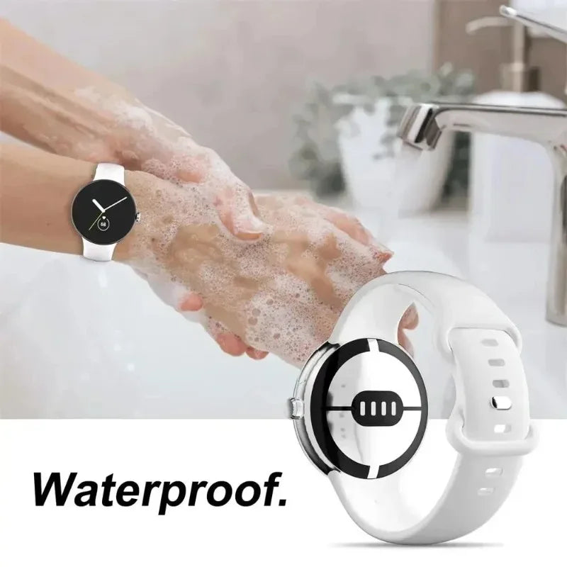 White silicone Pixel Watch band shown during hand washing