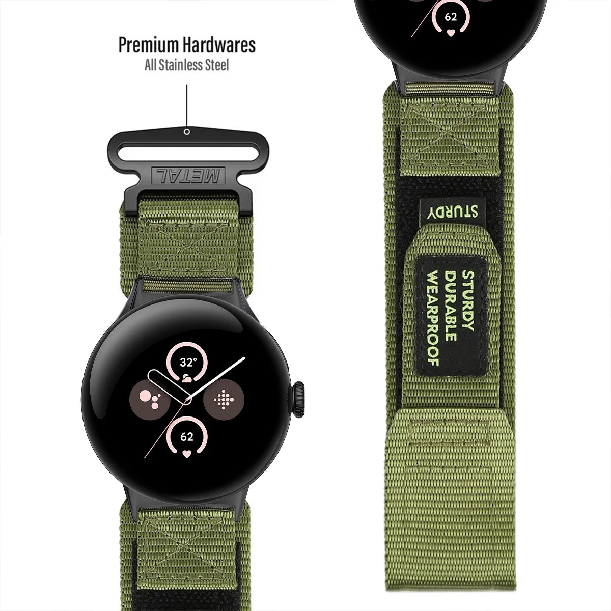 Army green utility strap laid flat beside a Pixel Watch