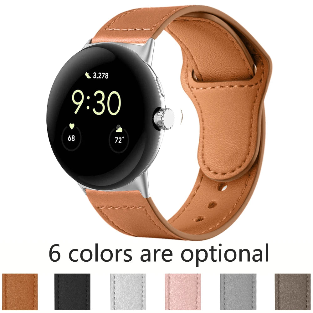 Tan leather Pixel Watch band with six color swatches