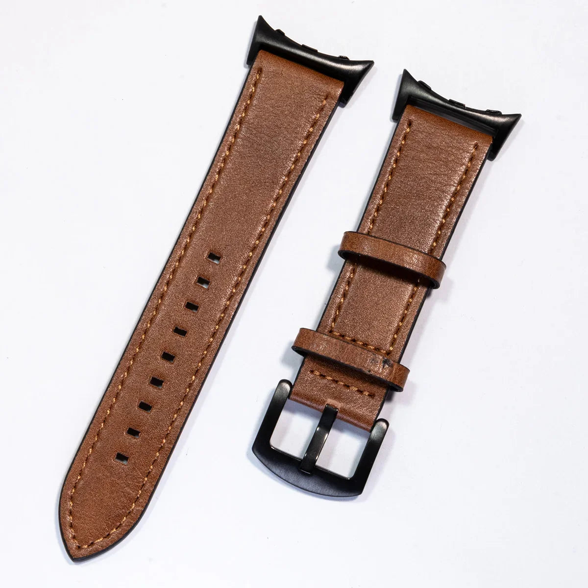 Stitched Leather Google Pixel Watch Band - Metal Buckle in Tan - Black