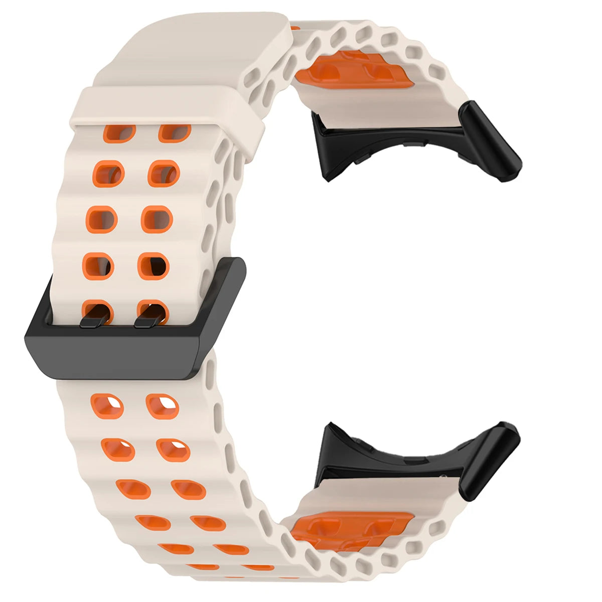 Double-Row Perforated Silicone Pixel Watch 45mm Band in Ivory / Orange - Black