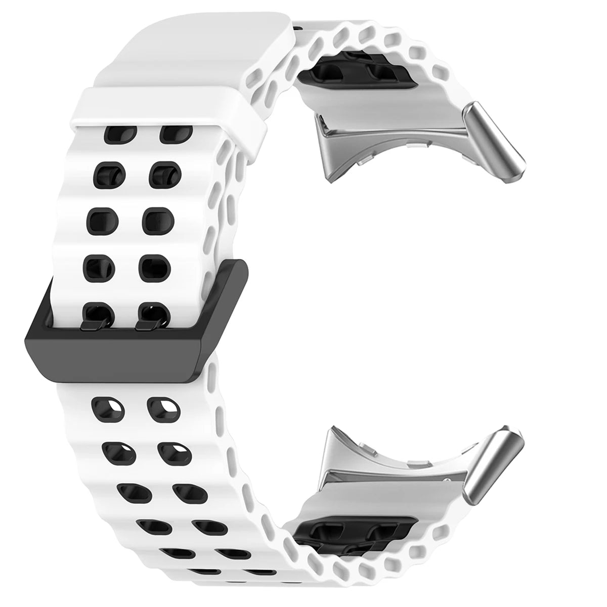 Double-Row Perforated Silicone Pixel Watch 45mm Band in White / Black - Silver