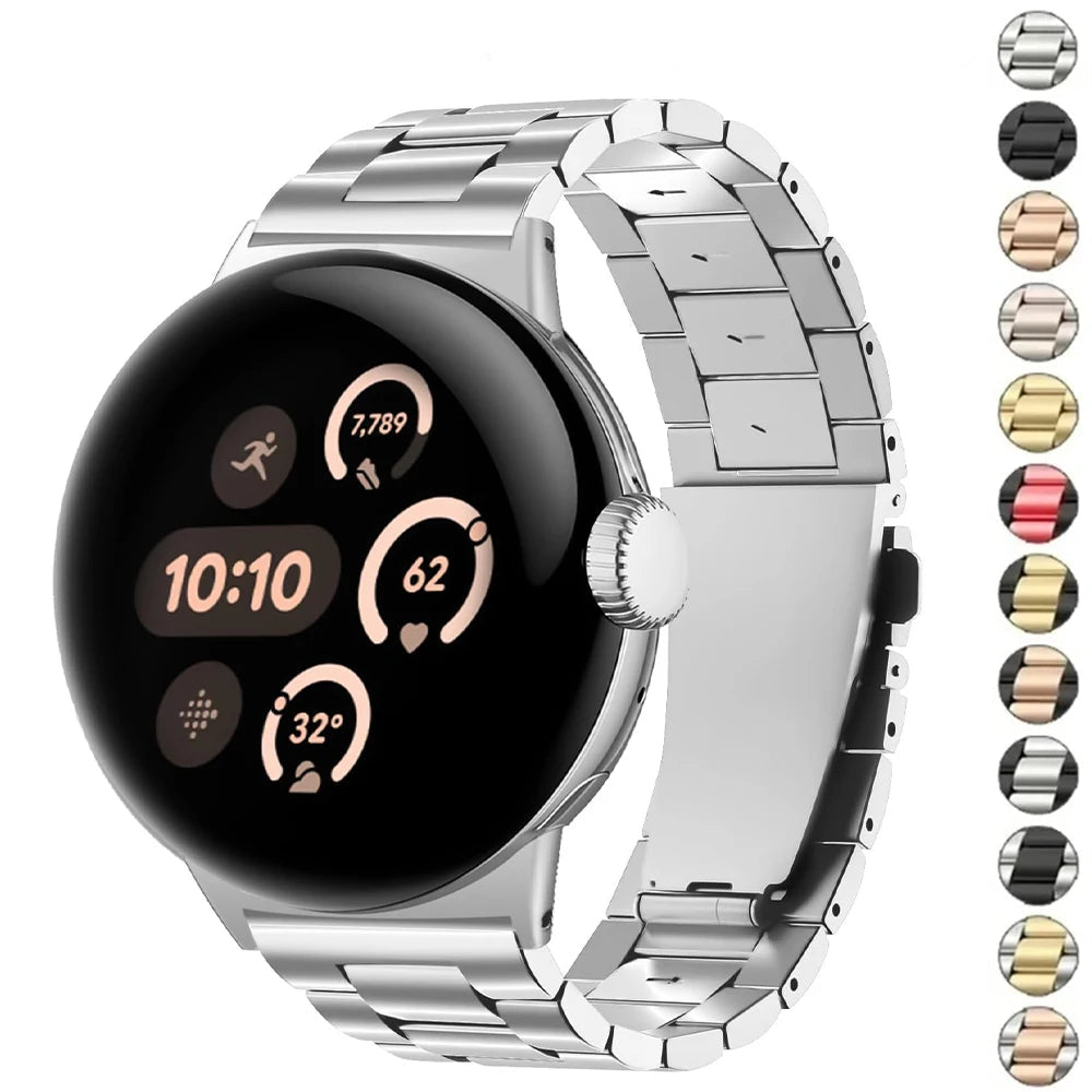 Silver steel link Pixel Watch bracelet with finish swatches