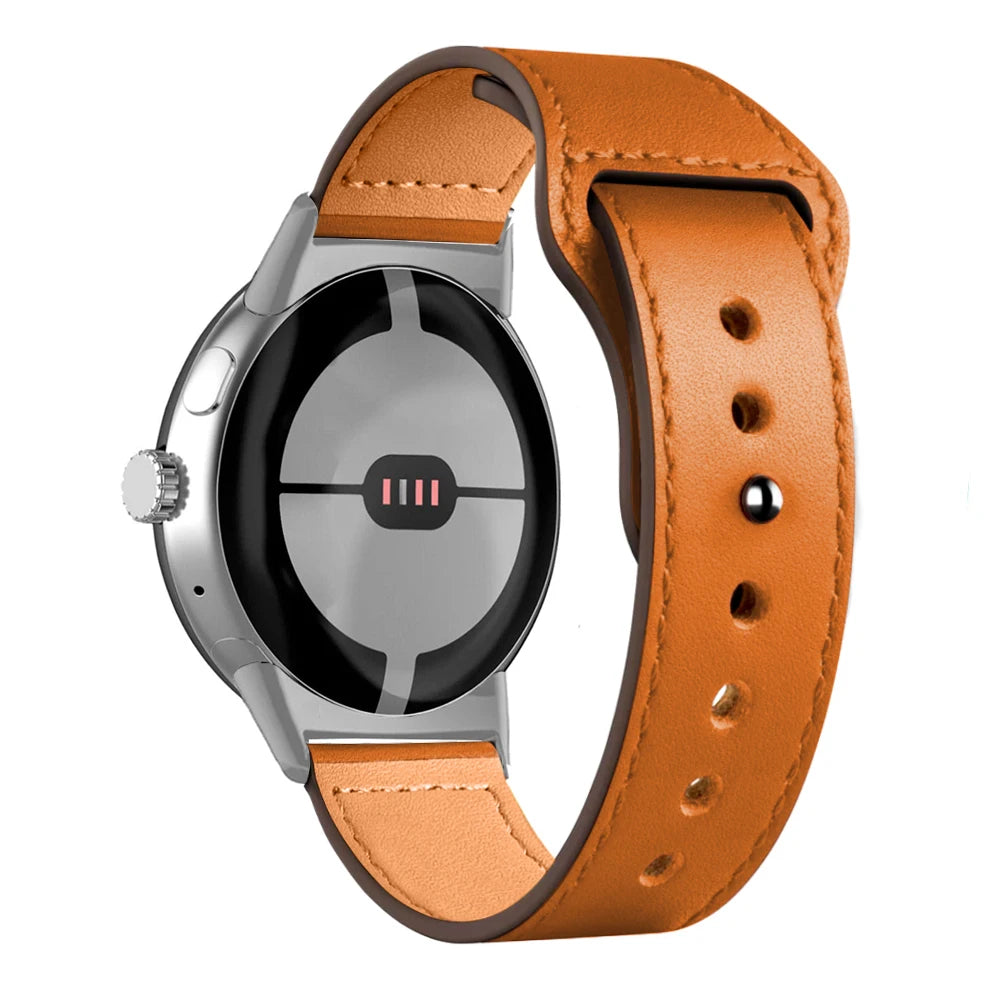 Tan slim leather Pixel Watch band with pin-and-tuck fastening
