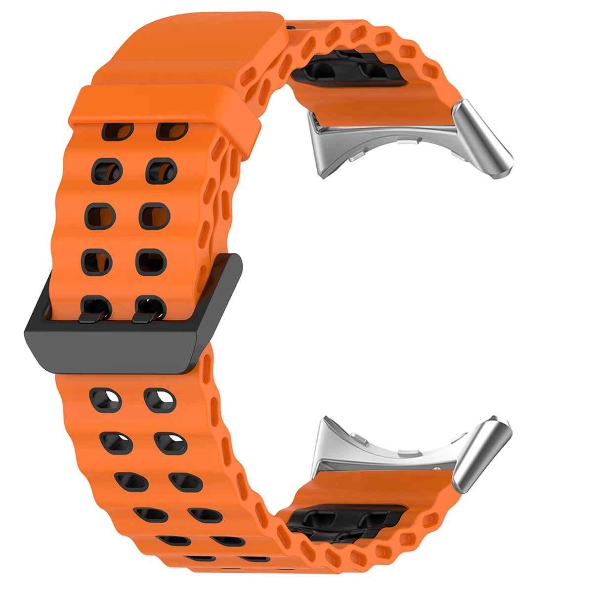 Double-Row Perforated Silicone Pixel Watch 45mm Band in Orange / Black - Silver