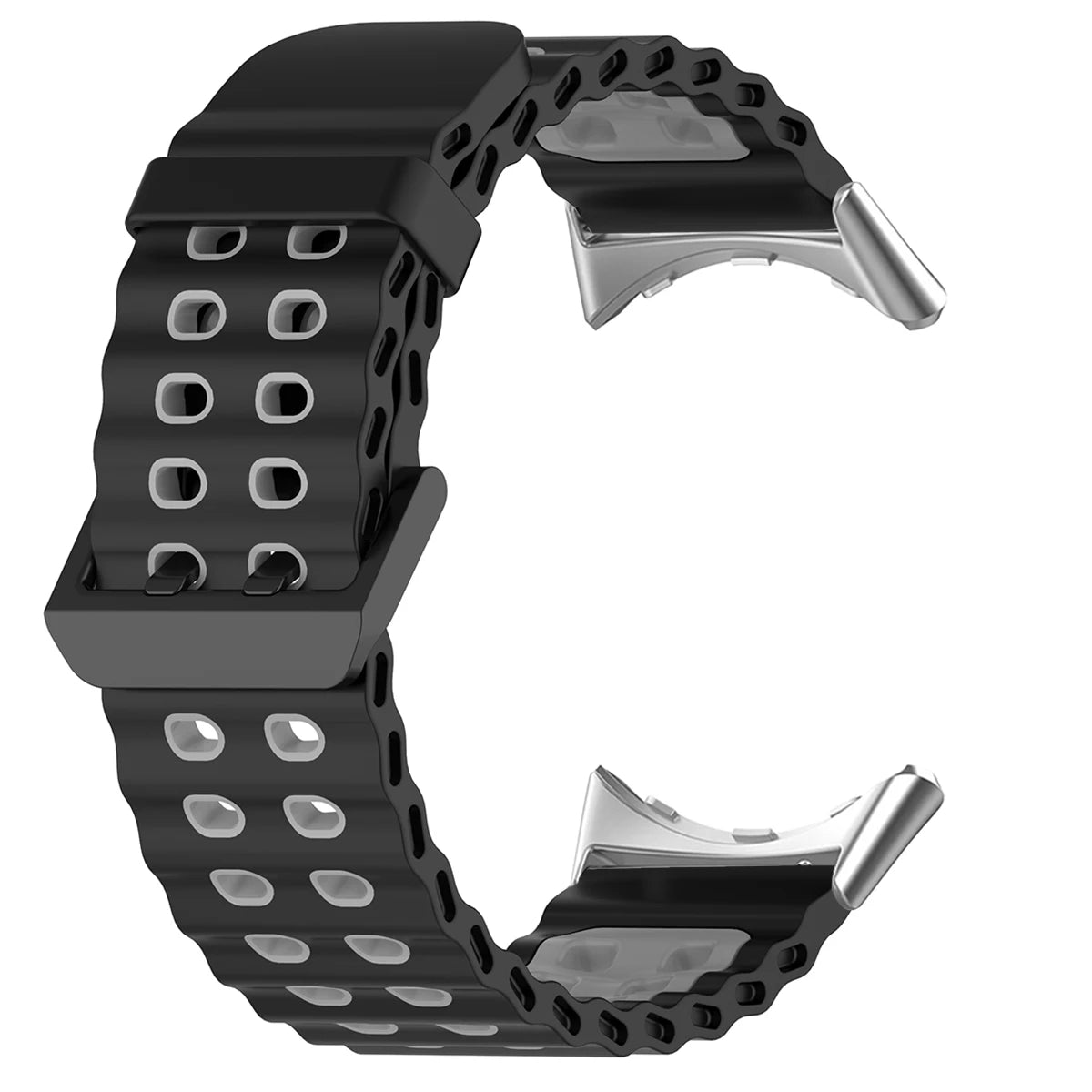Double-Row Perforated Silicone Pixel Watch 45mm Band in Black / Gray - Silver