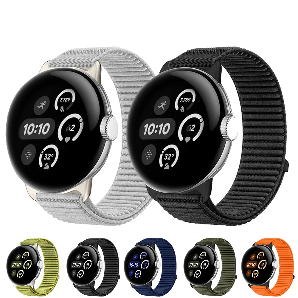 Gray and black ribbed nylon Pixel Watch loops with color previews