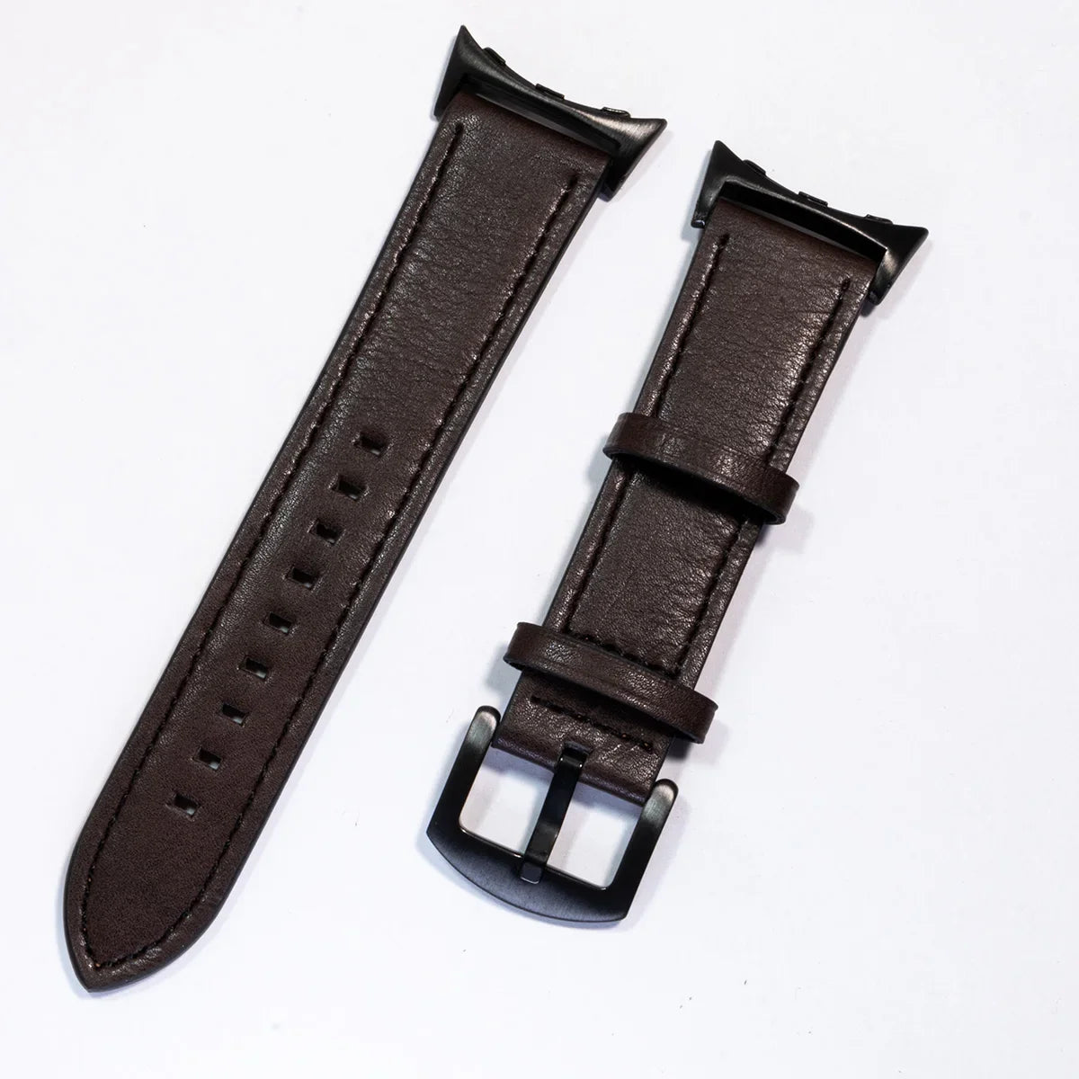 Stitched Leather Google Pixel Watch Band - Metal Buckle in Dark Brown - Black