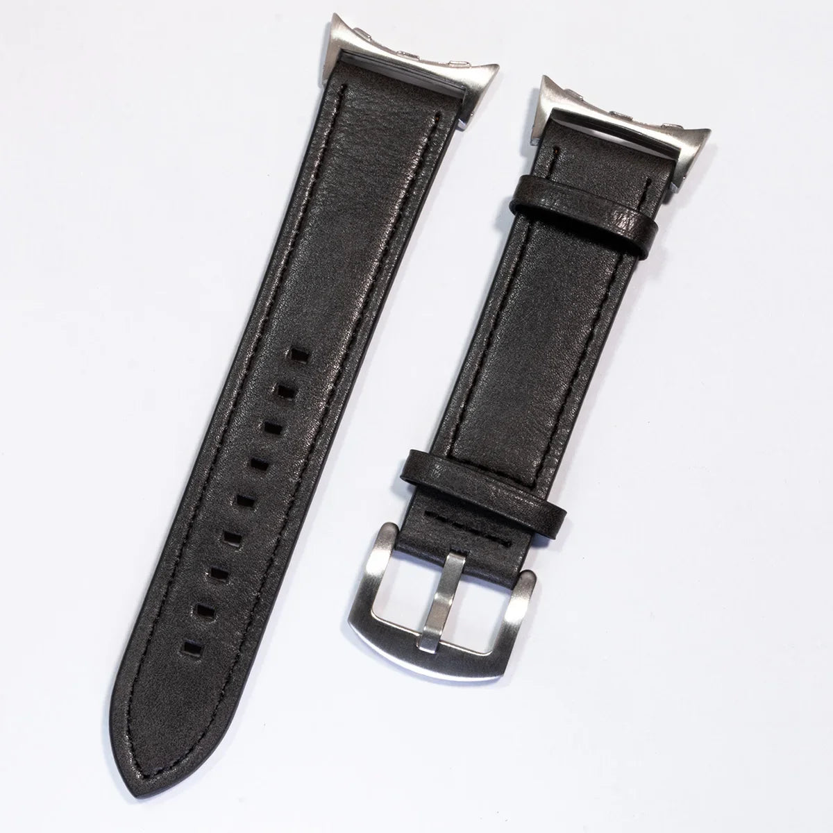 Stitched Leather Google Pixel Watch Band - Metal Buckle in Charcoal Gray - Silver