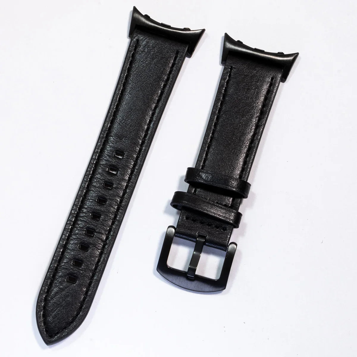 Stitched Leather Google Pixel Watch Band - Metal Buckle in Black - Black
