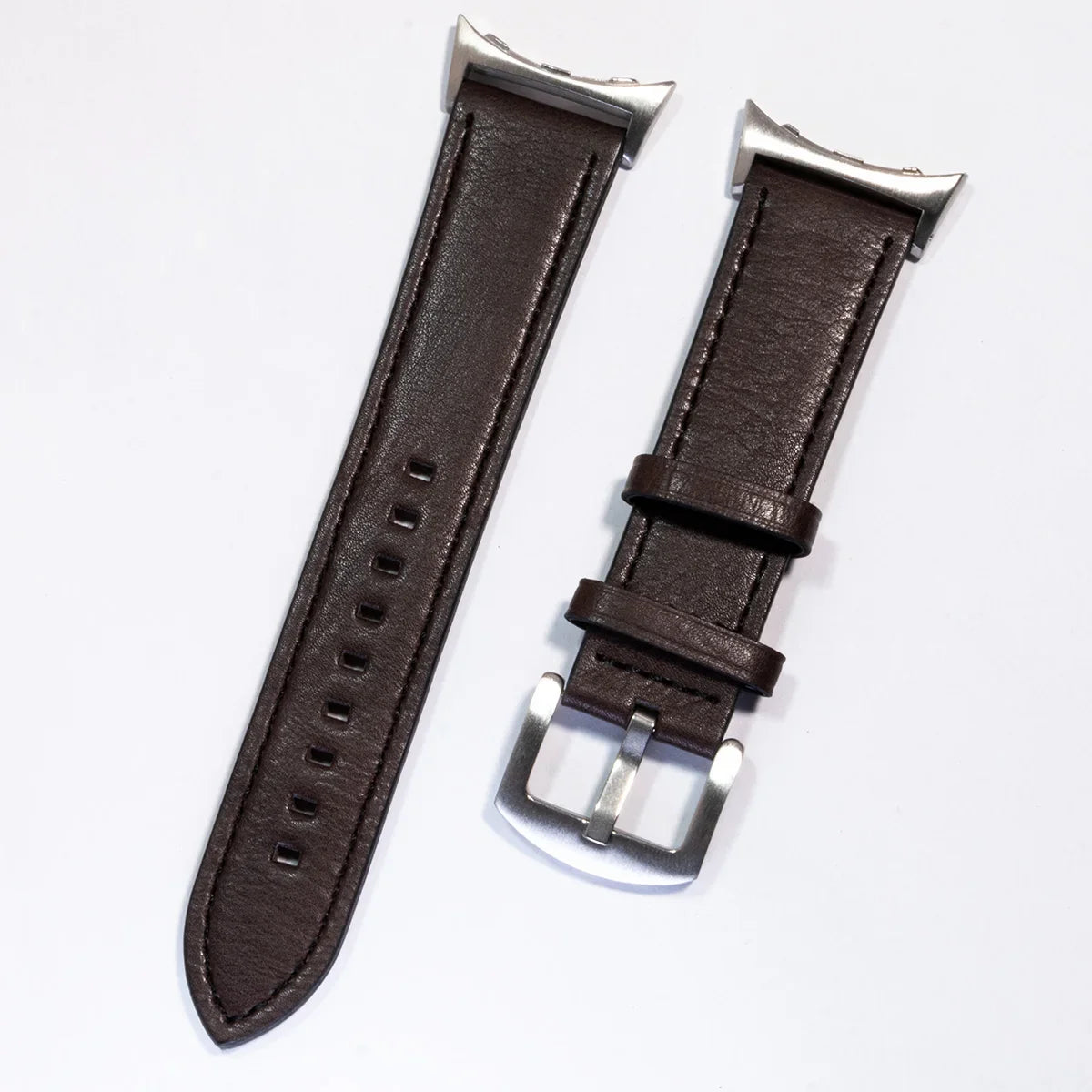 Stitched Leather Google Pixel Watch Band - Metal Buckle in Dark Brown - Silver