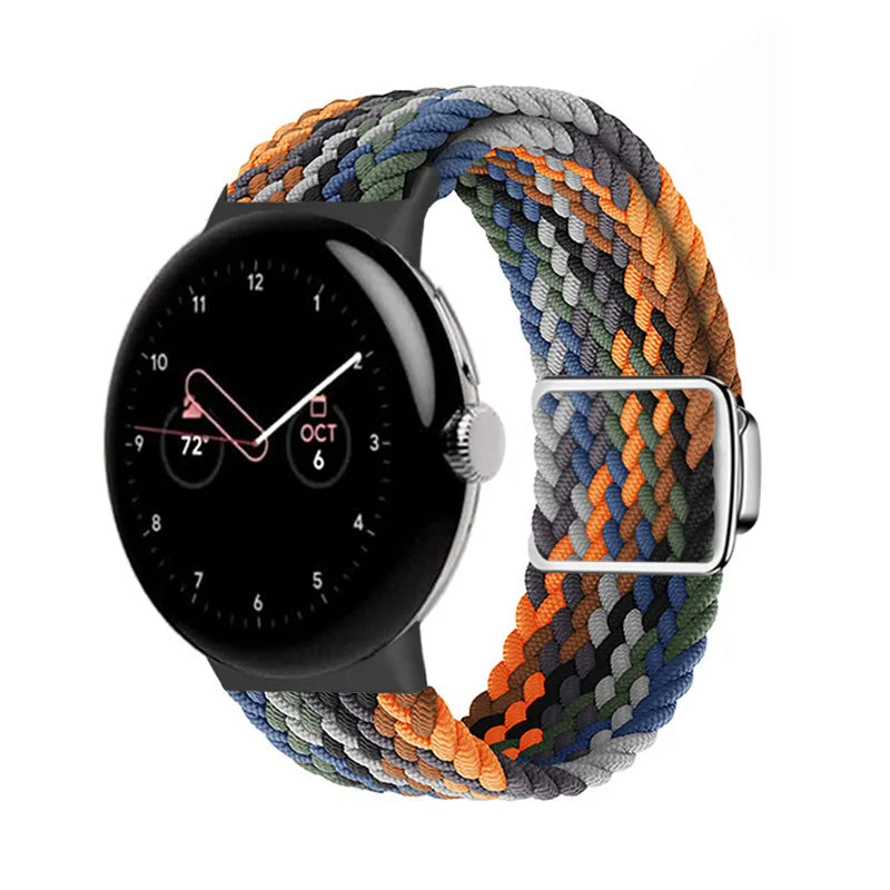 Magnetic Clasp Braided Nylon Google Pixel Watch Band in Orange / Gray / Green Stripe