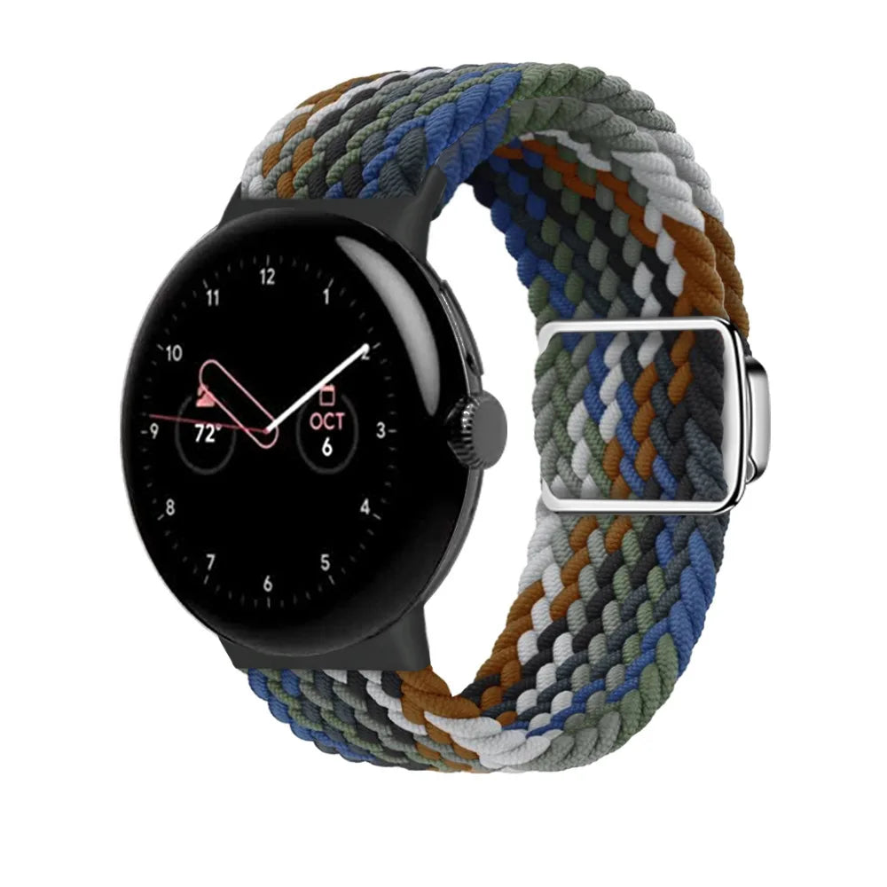 Magnetic Clasp Braided Nylon Google Pixel Watch Band in Blue / Green / Brown Stripe