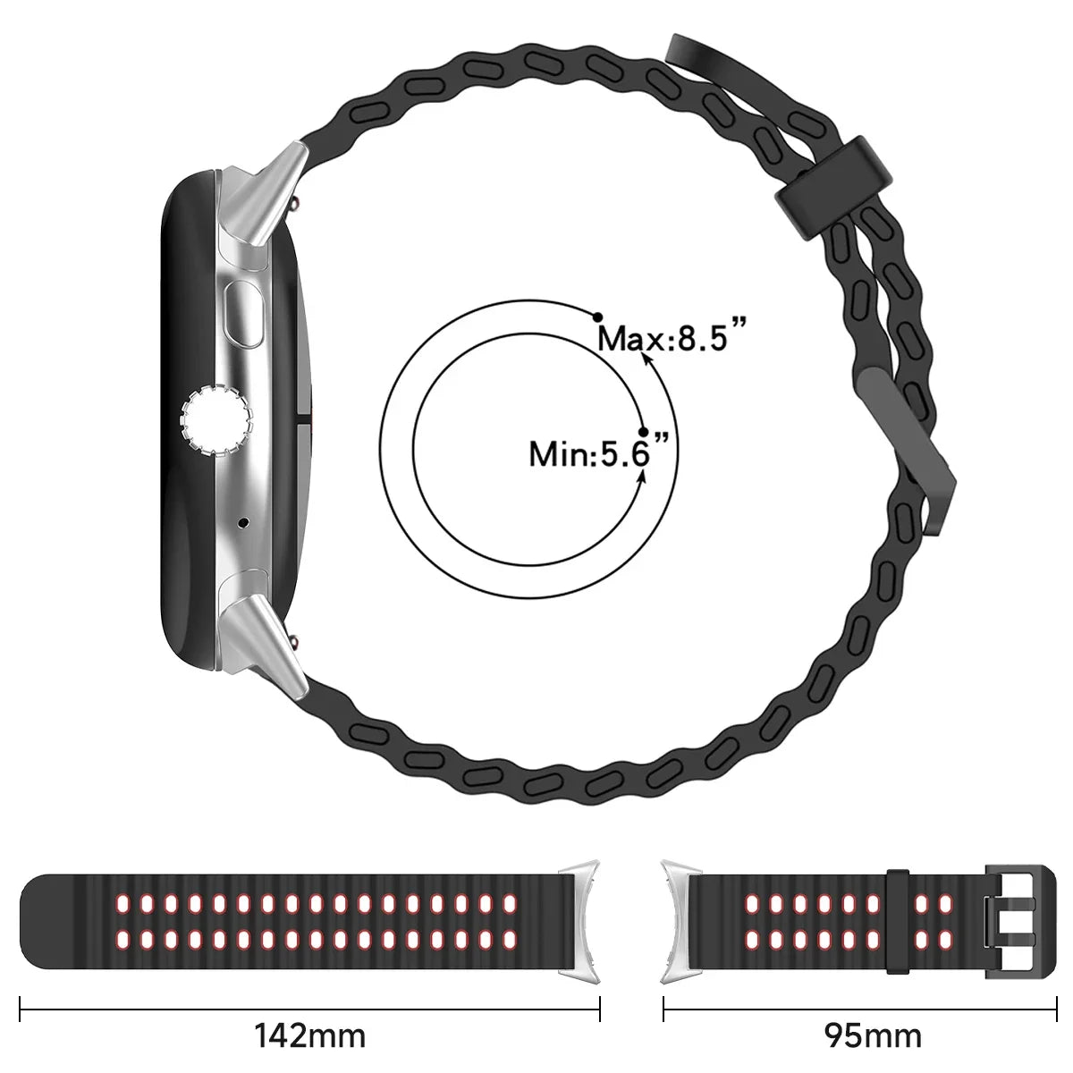 Double-row perforated strap length and wrist-size diagram