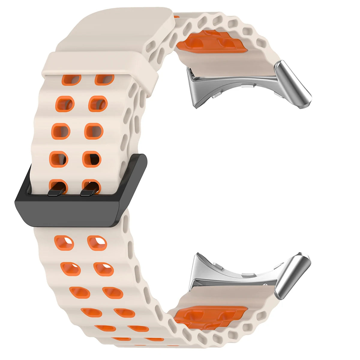 Double-Row Perforated Silicone Pixel Watch 45mm Band in Ivory / Orange - Silver