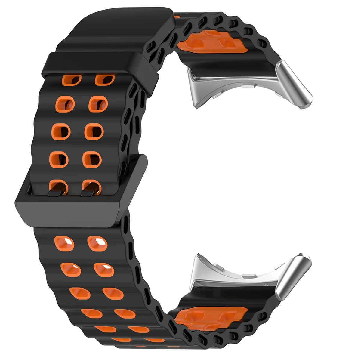Double-Row Perforated Silicone Pixel Watch 45mm Band in Black / Orange - Silver